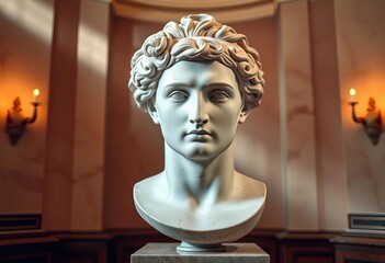 Softly lit marble bust, classical Roman style, museum setting, display, collection