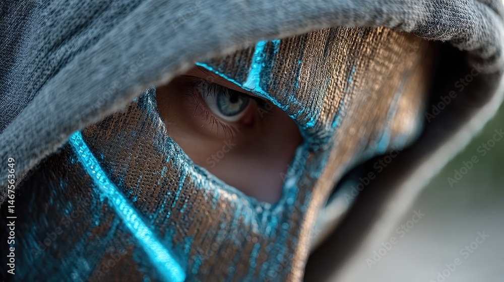Aufkleber hacker illuminated by glowing screen reflections urban setting digital portrait cyberpunk vibe