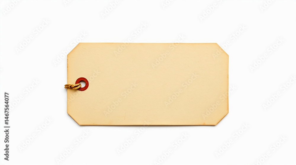Aufkleber blank beige tag with string and reinforced hole on a white background. copy space for text.