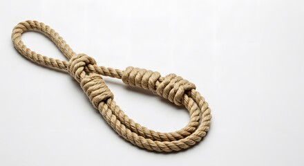 Obraz premium The Noose: A detailed capture of a noose lying in a neutral light, the intricate knots and natural texture of the rope stand out in this stark composition, creating a sense of tension and foreboding.