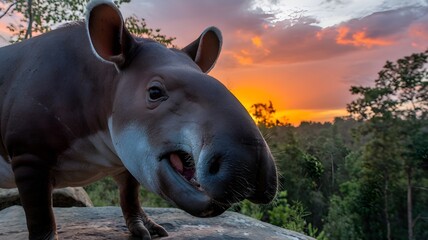 Fototapeta premium A tapir standing in front of a beautiful sunset, with a hint of joy