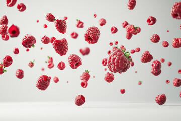Fresh raspberries levitating above clean minimal background, vibrant red berries floating in motion. Healthy food, sweet fruit concept.