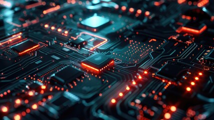 Obraz premium Abstract futuristic black circuit board with glowing elements. Digital artwork of electric circuit with black color and glowing color.Technology and digital network concept. Motherboard. AIG53.