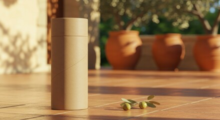 Neutral cylindrical packaging with olive branch on a sunlit terracotta tiled floor