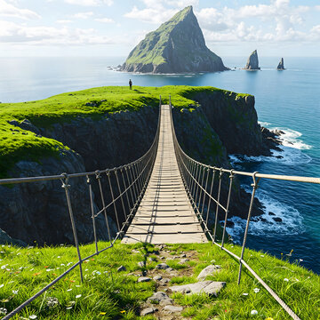 Fototapeta A rope bridge spans between grassy cliffs over the ocean, with a distant figure and rocky islands under a blue sky