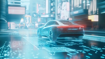 Futuristic electric car driving on a digital highway in a neon city at night