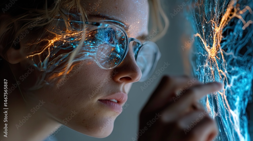 Poster female ai engineer interacting with glowing neural artscale in futuristic lab environment