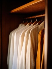 Obraz premium A neatly organized wardrobe showcasing a variety of shirts in soft, natural colors