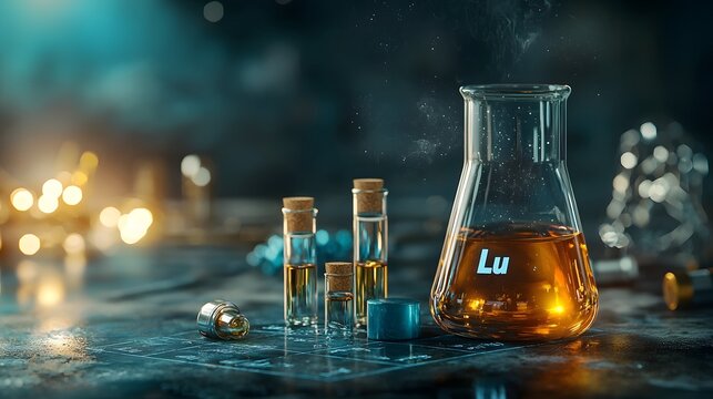 A glass beaker and test tubes containing a lutetium chemical sample placed on a surface with a periodic table of elements in the background representing scientific research and chemical analysis - Powered by Adobe
