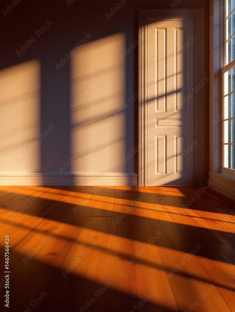 Poster sunlight casting shadows on wooden floor in an empty room with a door and window