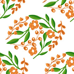 vector seamless pattern of leaves and flowers, vintage botanical pattern for decoration, fabric, wallpaper and decor, hand-drawn ornament for holiday decoration, interior and clothes