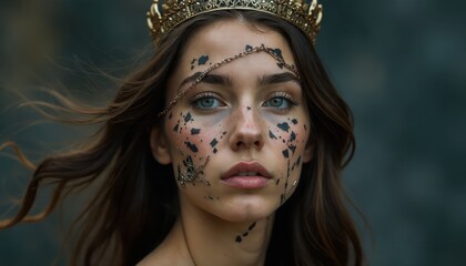 A young woman embodies strength and grace with artistic face paint and a crown, symbolizing feminism and empowerment during Women's Day