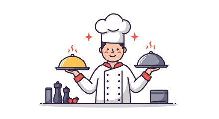 Cartoon chef holding a steaming golden platter with seasonings and star