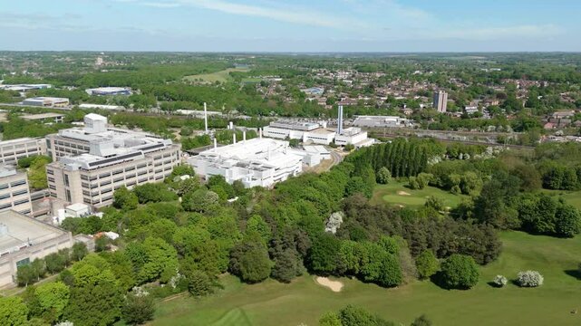 Aerial drone view GSK factory building manufacturing Pharmaceuticals England UK Stevenage UK