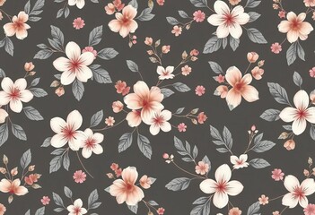 Subtle charcoal floral wallpaper, delicate blooms and leaves on seamless pattern, backdrop, textile
