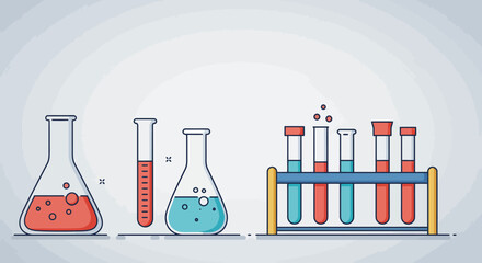Chemistry Glassware Red Liquid in Erlenmeyer Flask Graduated Test Tube Blue Solution