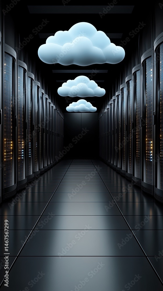 Poster digital illustration of cloud computing with glowing blue lights and a modern data center, symbolizi