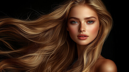 Fototapeta premium Back view of a woman with long blonde hair flowing down naturally. Symbolizes femininity, beauty, freedom, and elegance in a soft, serene portrait with a focus on hair texture and simplicity.