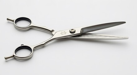 Barber Scissors: A detailed photograph of open silver barber scissors, showcasing the sharp blades and ergonomic design against a clean backdrop.