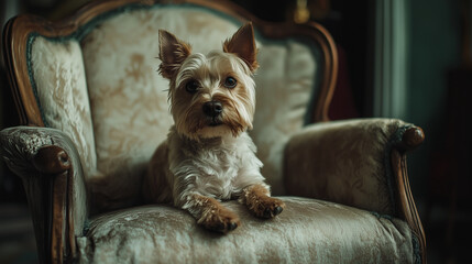 A small terrier dog lounges comfortably on a cushioned chair