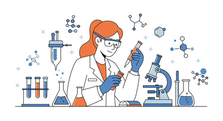 Scientist with lab coat and safety glasses surrounded by lab equipment