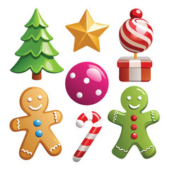 a collection of shiny, 3D-rendered Christmas icons, including a tree, gingerbread man, and candy cane