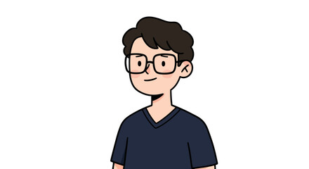 Cartoon man with glasses and dark hair wearing a navy blue shirt