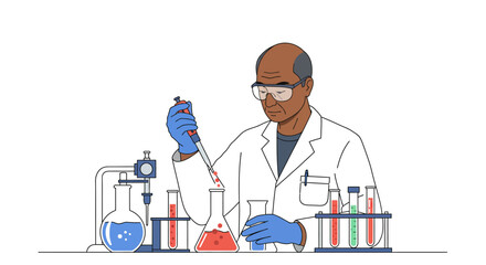 Illustrated laboratory setup with gloved hand using pipette and various beakers