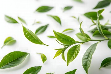 Fresh Green Tea Leaves on White Background Nature Photography