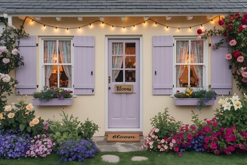 Charming Lavender Cottage Blooming Flowers Fairy Lights