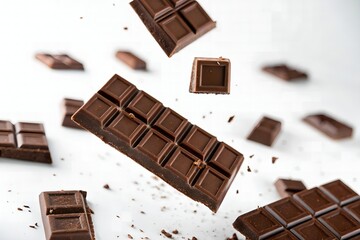 Delicious Milk Chocolate Bar Pieces Falling on White Background Sweet Treat