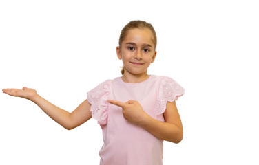 Smiling girl pointing finger to open hand showing product on transparent background