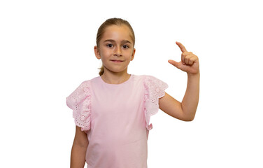 Girl showing small size with fingers against transparent background