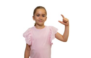 Girl showing small size with fingers against transparent background