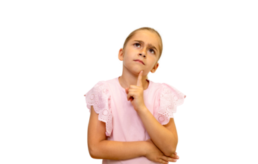 Young girl pondering with curious expression on transparent background