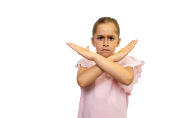 Serious girl showing stop sign with crossed arms on transparent background