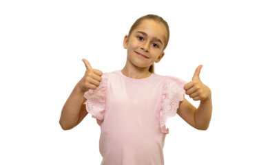 Smiling girl showing thumbs up on transparent background