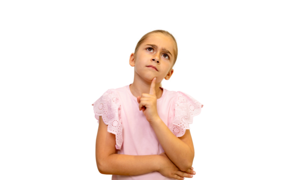 Young girl pondering with curious expression on transparent background