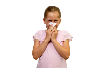Young girl sneezing with tissue on transparent background