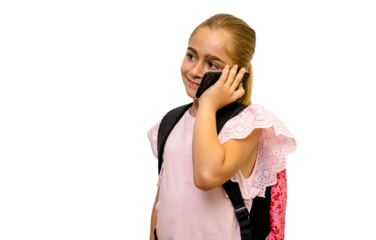 Young girl chatting on smartphone with backpack