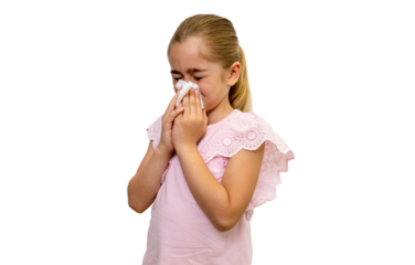 Little girl blowing her nose with tissue on transparent background