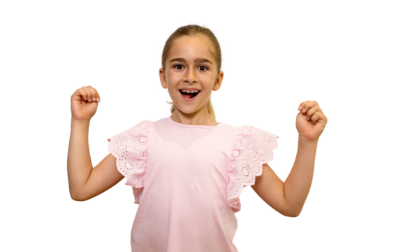 Excited girl raising her arms celebrating with enthusiasm on transparent background