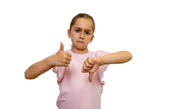 Uncertain young girl showing thumbs up and thumbs down simultaneously on transparent background