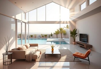 Fototapeta premium Sunlit minimalist living room, pool view, calm atmosphere, peaceful, house