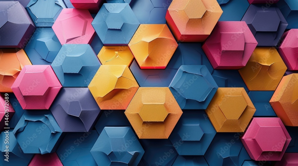 Poster close up of hexagonal blocks in a colorful abstract arrangement. 3d geometric design for digital art