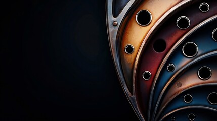 Abstract metallic design with layered shapes and holes. Multicolored metal panels layered on a dark background