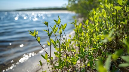 Sunlight brightens lush, green vegetation growing along the sparkling water's edge on a clear, tranquil day