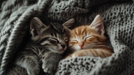 Two adorable kittens sleeping together in a cozy blanket