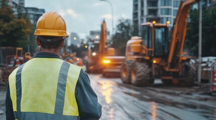 Construction worker overseeing machinery on urban site at dusk