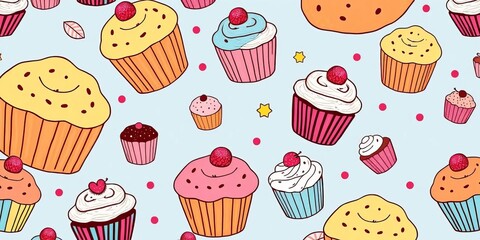 Whimsical hand-drawn cupcake pattern, perfect for festive backgrounds, candy,  vintage